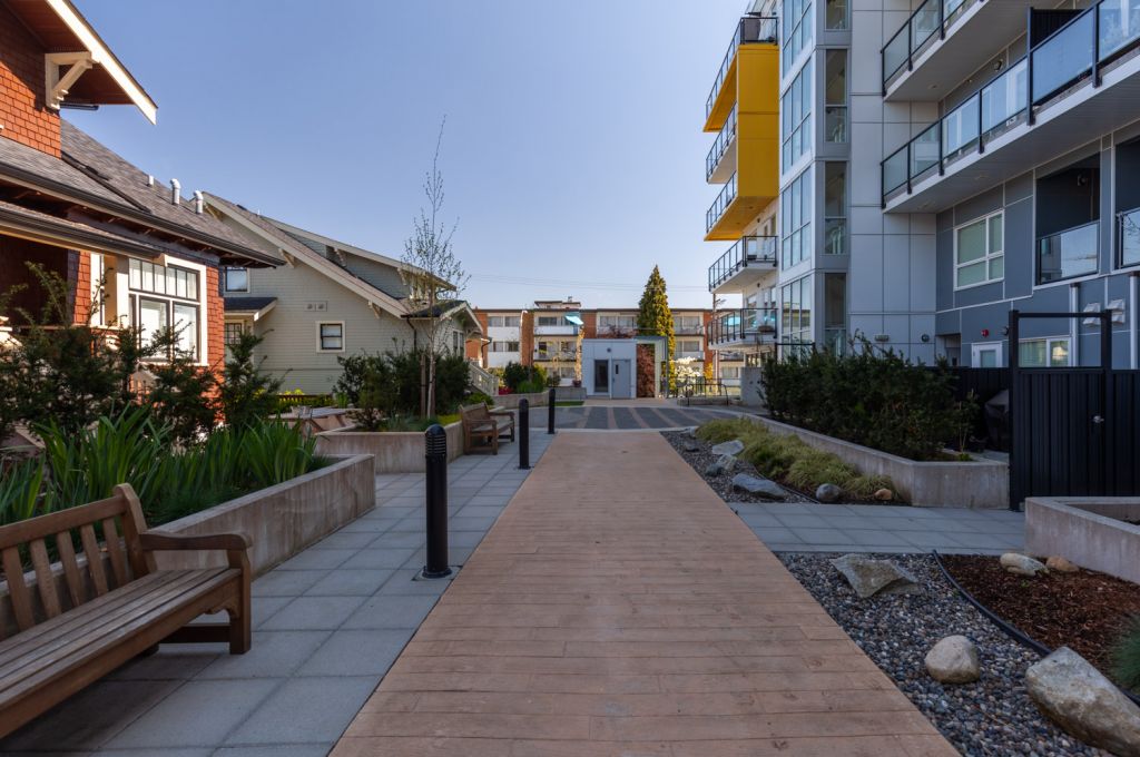Multi-family building landscaping in New Westminster, British Columbia featuring a cedar walkway, modern concrete planters, and durable concrete paver pathways.